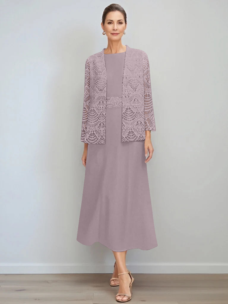 A-Line/Princess Jewel Neck Tea Length Mother of the Bride Dresses with Jacket & Lace