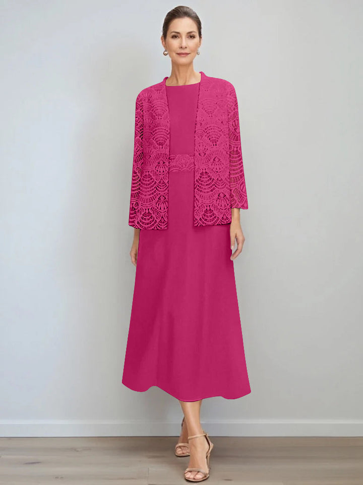 A-Line/Princess Jewel Neck Tea Length Mother of the Bride Dresses with Jacket & Lace
