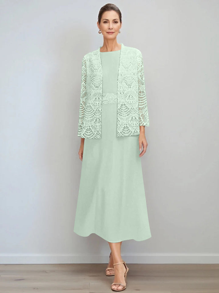 A-Line/Princess Jewel Neck Tea Length Mother of the Bride Dresses with Jacket & Lace