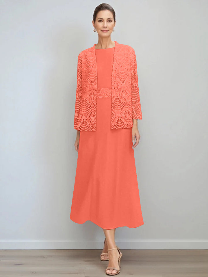 A-Line/Princess Jewel Neck Tea Length Mother of the Bride Dresses with Jacket & Lace