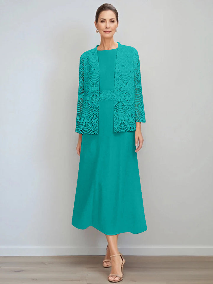 A-Line/Princess Jewel Neck Tea Length Mother of the Bride Dresses with Jacket & Lace
