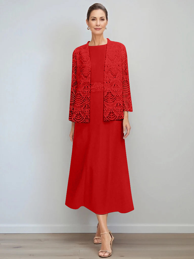 A-Line/Princess Jewel Neck Tea Length Mother of the Bride Dresses with Jacket & Lace