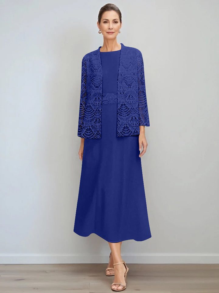 A-Line/Princess Jewel Neck Tea Length Mother of the Bride Dresses with Jacket & Lace