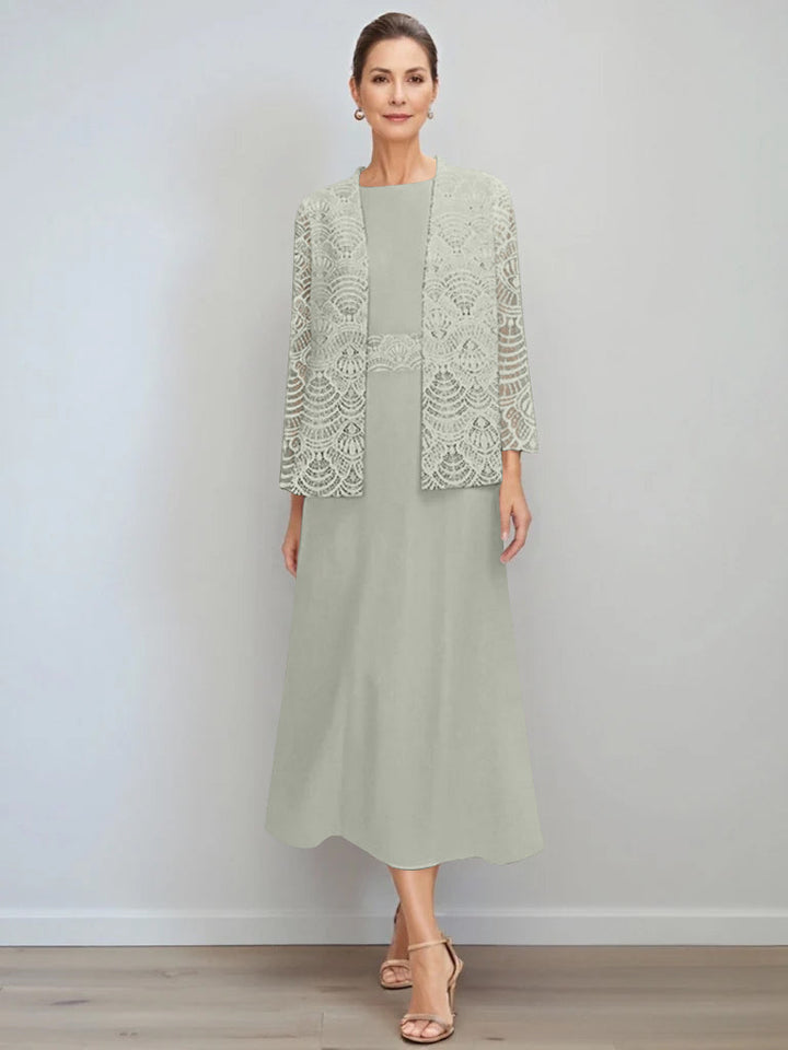 A-Line/Princess Jewel Neck Tea Length Mother of the Bride Dresses with Jacket & Lace