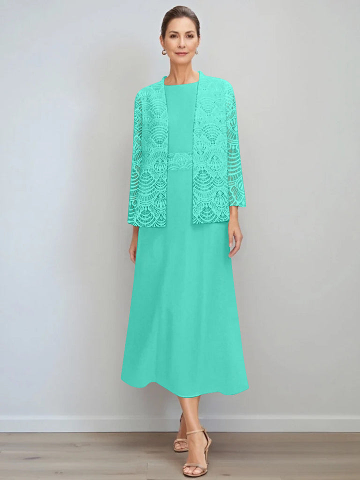 A-Line/Princess Jewel Neck Tea Length Mother of the Bride Dresses with Jacket & Lace