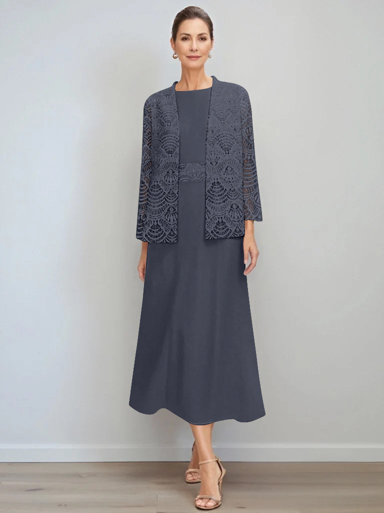 A-Line/Princess Jewel Neck Tea Length Mother of the Bride Dresses with Jacket & Lace