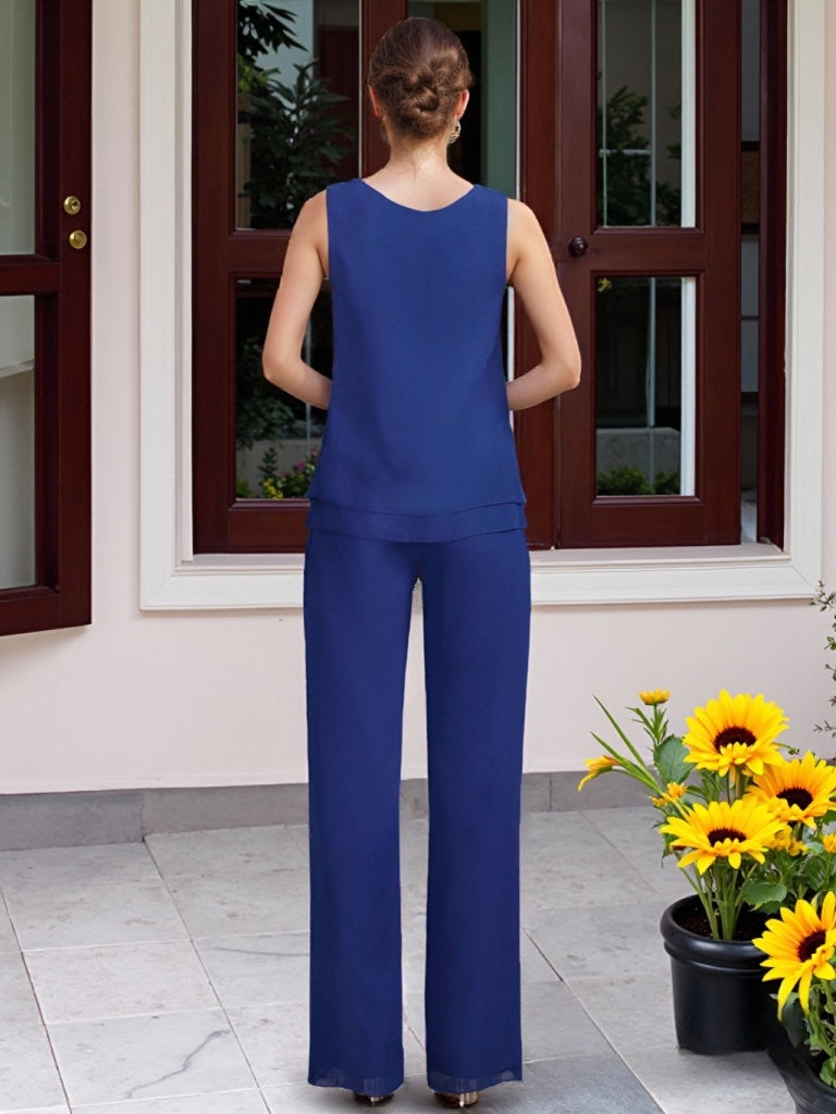 Chiffon 3 Pieces Floor-Length Mother of the Bride Pantsuits with Jacket & Beadings