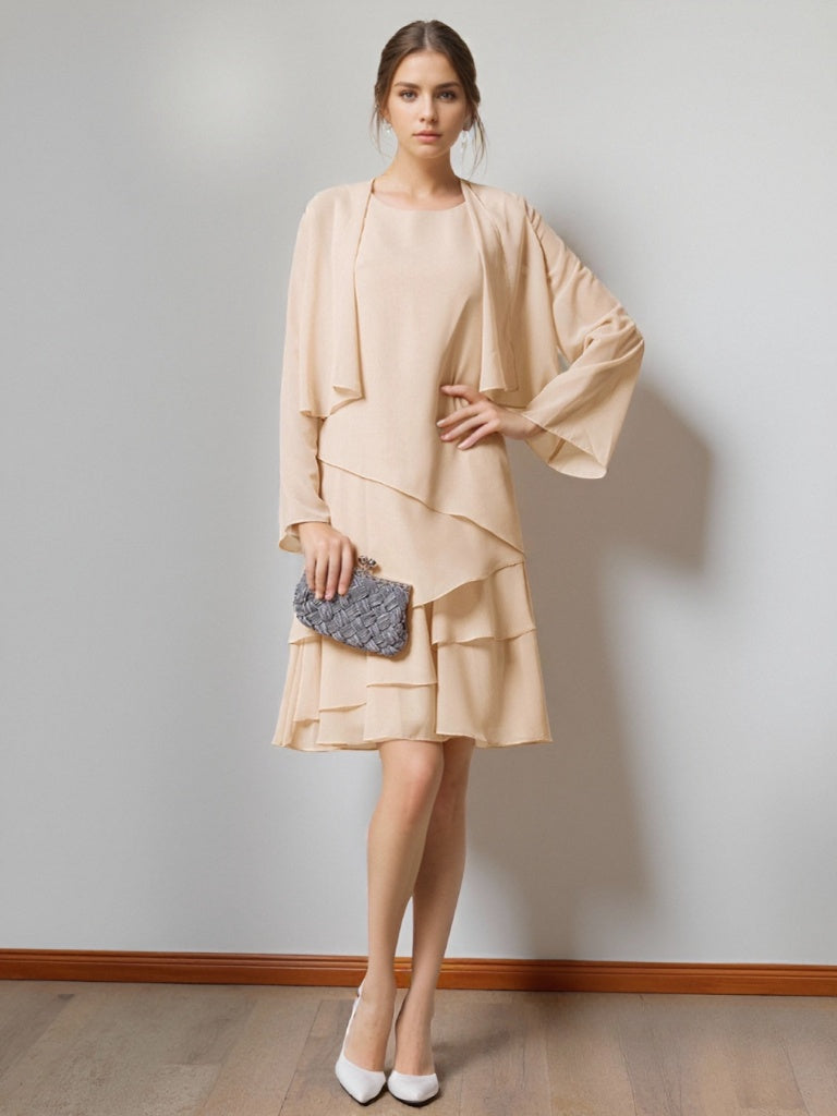 A-Line/Princess Scoop Neck Knee-Length Chiffon Mother of the Bride Dresses with Jacket & Ruffles