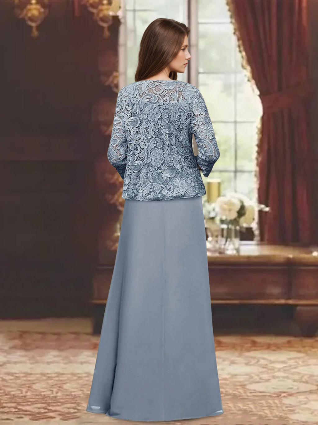 2 Pieces A-Line/Princess Square 3/4 Length Sleeves Floor-Length Mother of the Bride Dresses with Pleated & Ruffles