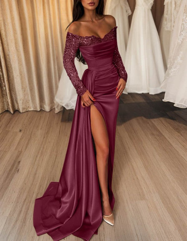 Sheath/Column Off-the-Shoulder Evening Dresses Satin Floor-length Long With Split Side Sequins