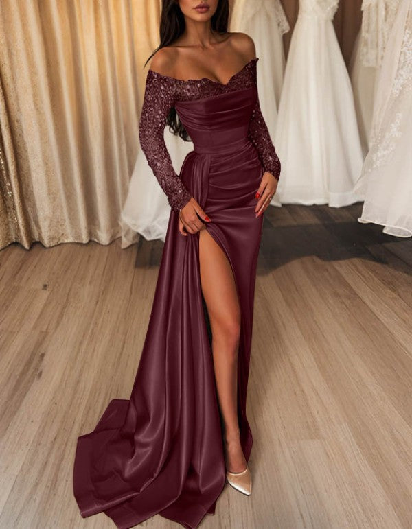 Sheath/Column Off-the-Shoulder Evening Dresses Satin Floor-length Long With Split Side Sequins