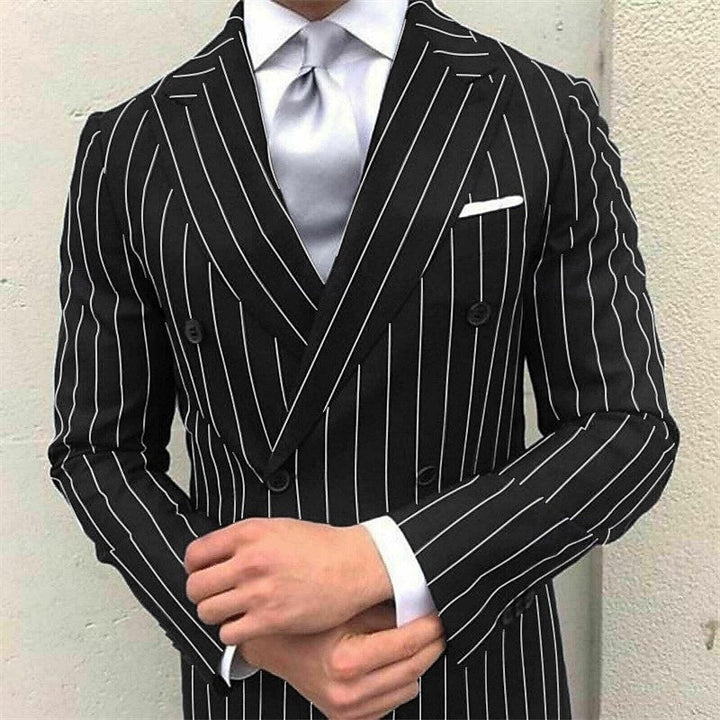 Men's Prom Pinstripe Peak Lapel Business Formal Striped Double Breasted Six-buttons Wedding Suits