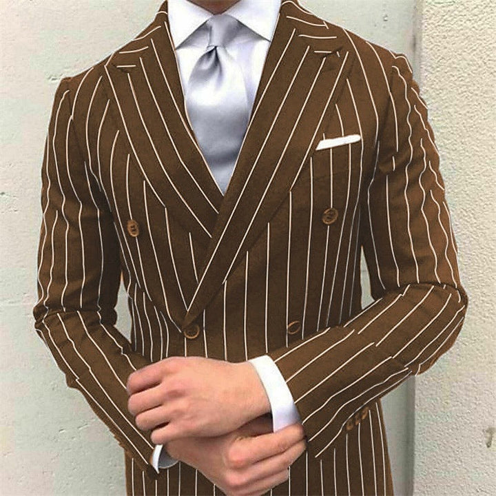 Men's Prom Pinstripe Peak Lapel Business Formal Striped Double Breasted Six-buttons Wedding Suits