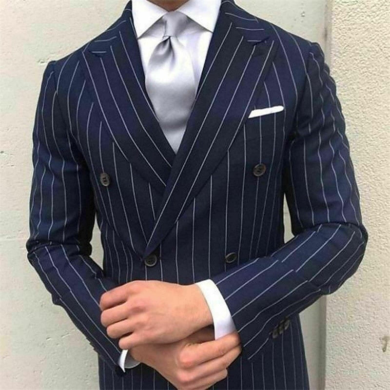 Men's Prom Pinstripe Peak Lapel Business Formal Striped Double Breasted Six-buttons Wedding Suits