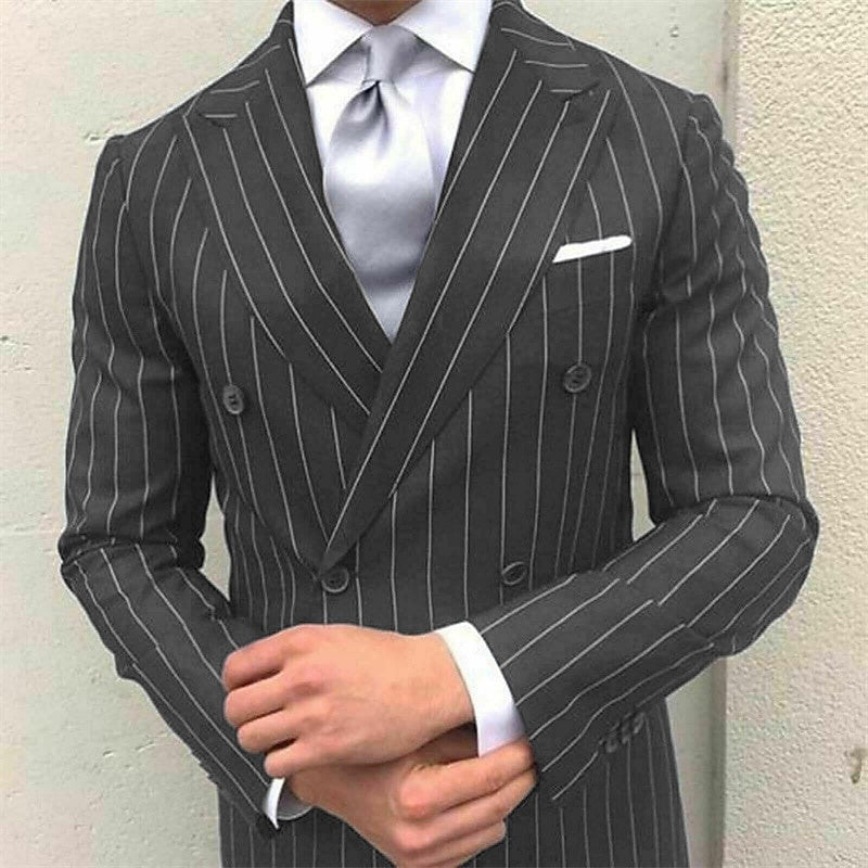 Men's Prom Pinstripe Peak Lapel Business Formal Striped Double Breasted Six-buttons Wedding Suits