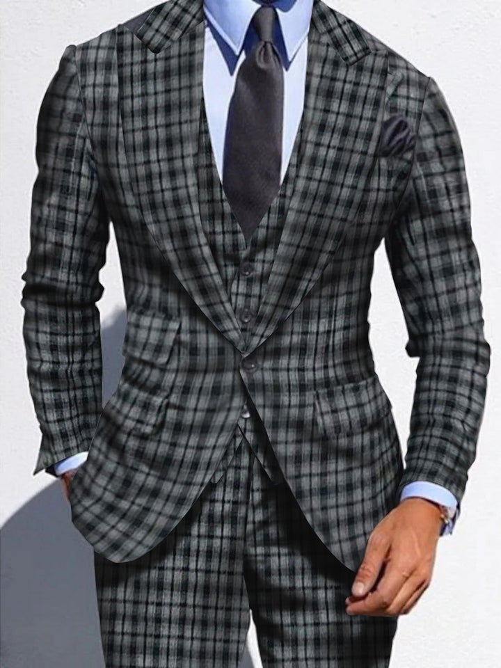 Dark Gray Men's Wedding Plaid Checkered Tailored Fit Single Breasted Suits 3 Piece