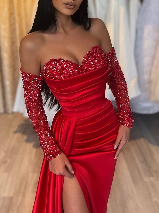 Sheath/Column Sweetheart Evening Dresses Floor-length Long Prom Party Dress With Split Side & Sequins