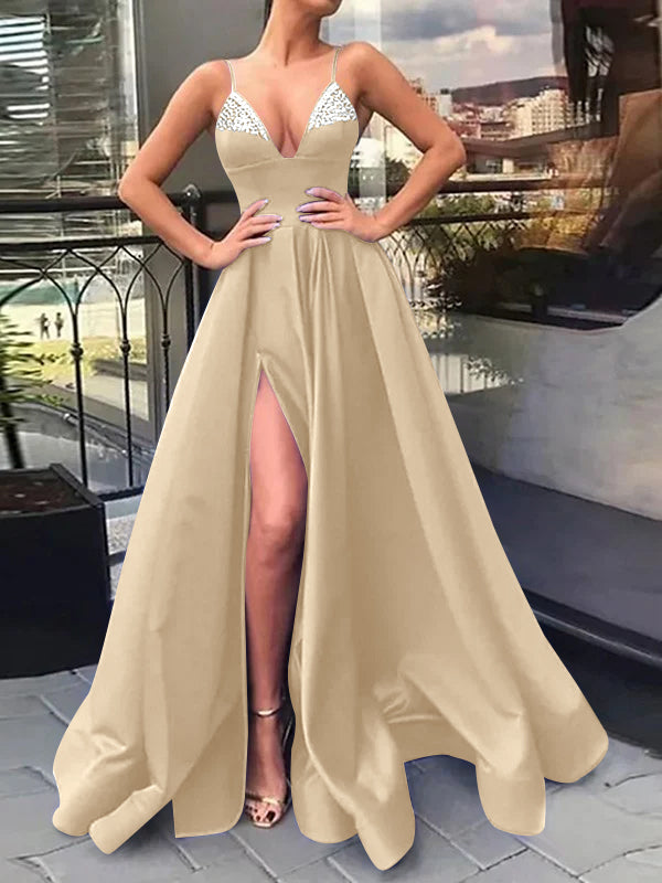 A-Line/Princess V-Neck Evening Dresses Spaghetti Straps Prom Party Dress With Split Side & Sequins
