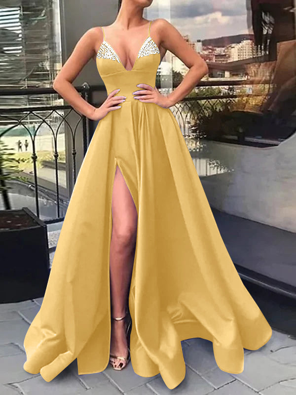 A-Line/Princess V-Neck Evening Dresses Spaghetti Straps Prom Party Dress With Split Side & Sequins