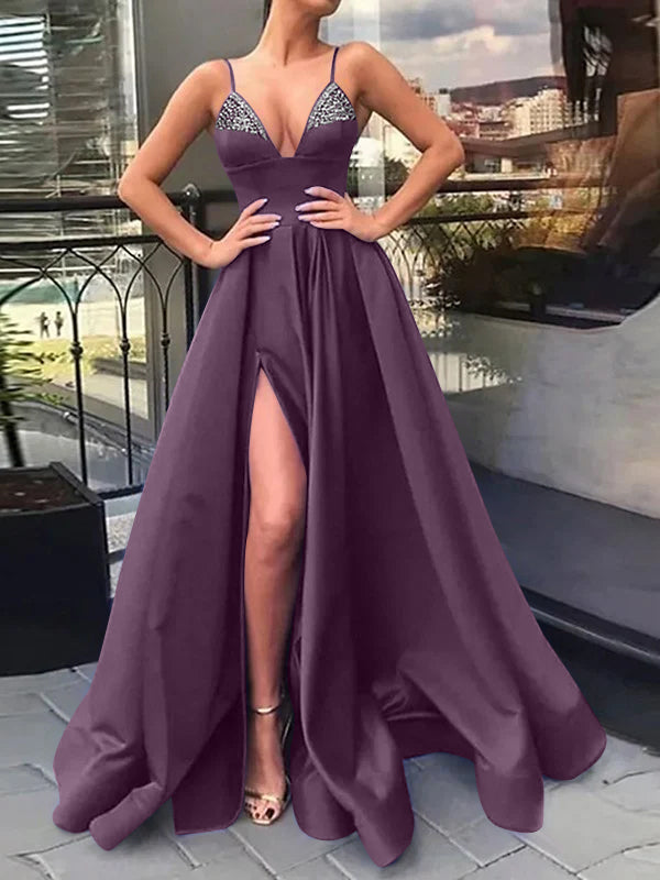 A-Line/Princess V-Neck Evening Dresses Spaghetti Straps Prom Party Dress With Split Side & Sequins