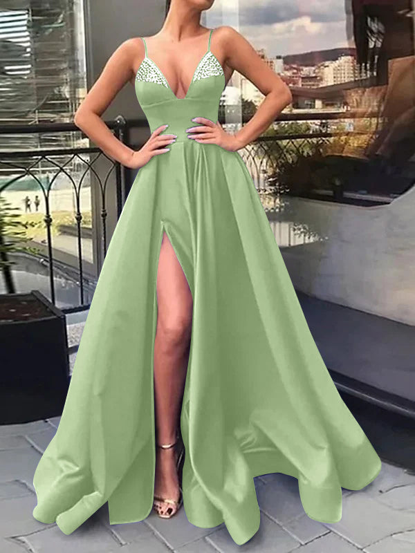 A-Line/Princess V-Neck Evening Dresses Spaghetti Straps Prom Party Dress With Split Side & Sequins