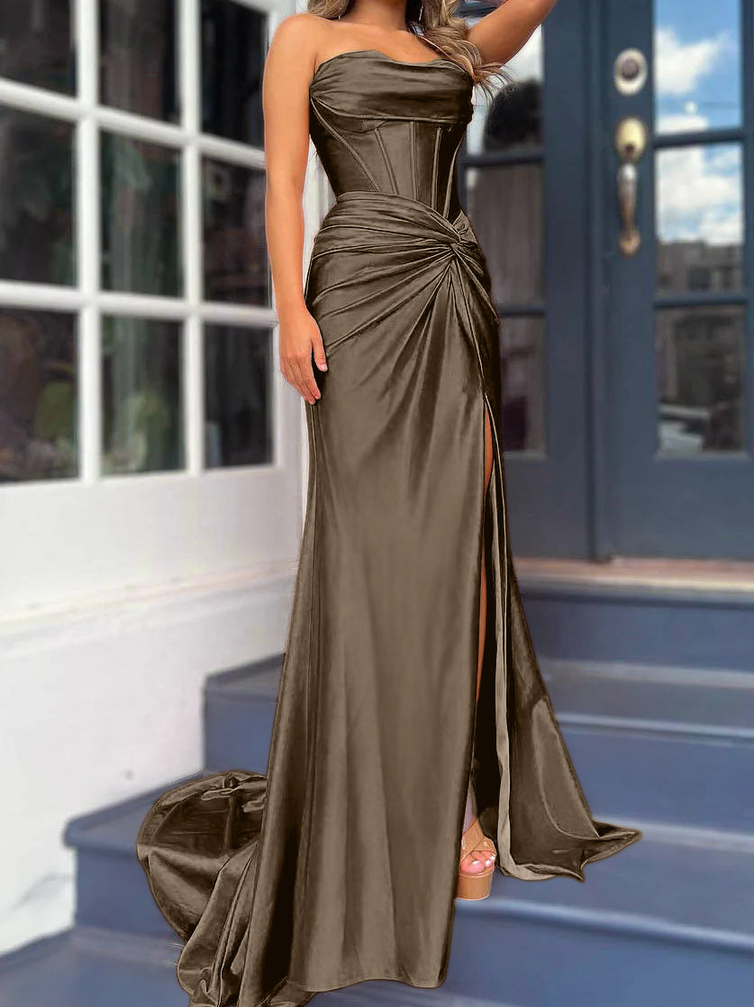 Sheath/Column Strapless Evening Dresses Sleeveless Floor-length With Split Side
