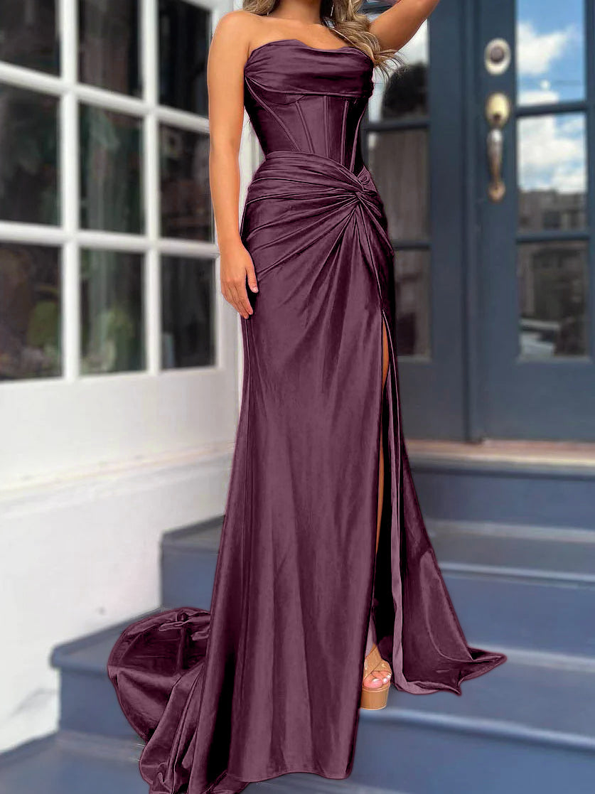 Sheath/Column Strapless Evening Dresses Sleeveless Floor-length With Split Side