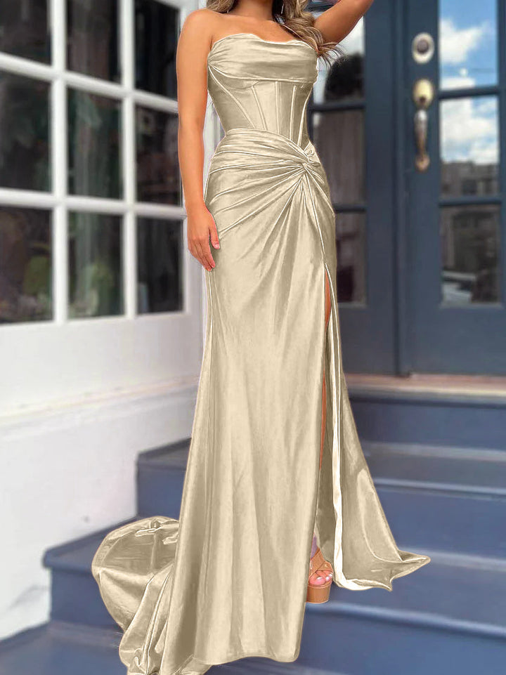 Sheath/Column Strapless Evening Dresses Sleeveless Floor-length With Split Side