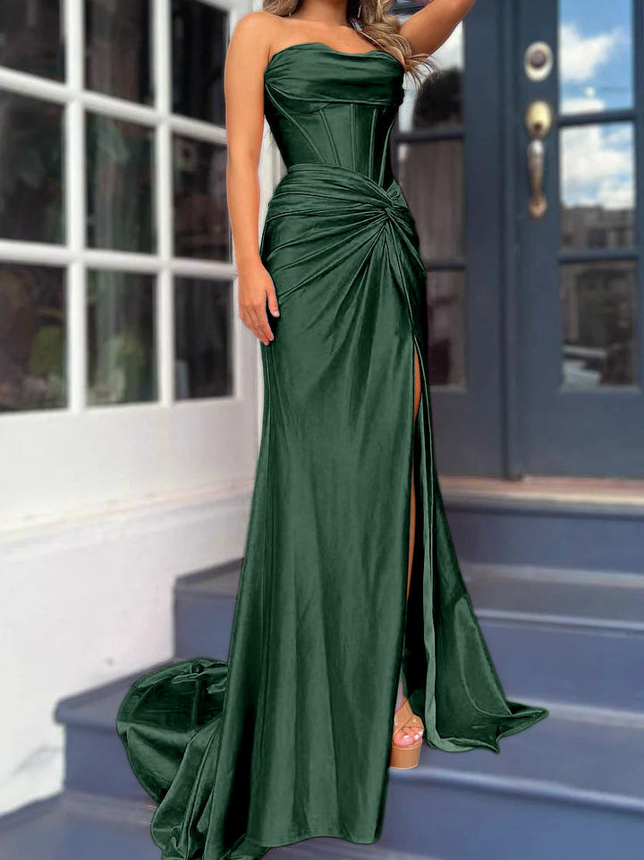 Sheath/Column Strapless Evening Dresses Sleeveless Floor-length With Split Side