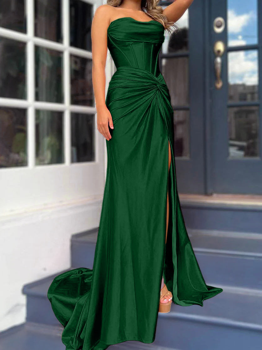 Sheath/Column Strapless Evening Dresses Sleeveless Floor-length With Split Side