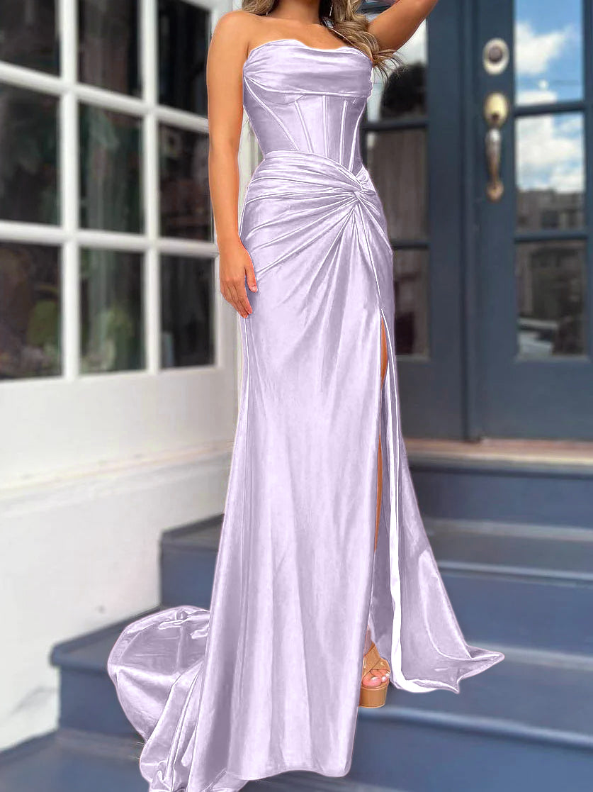 Sheath/Column Strapless Evening Dresses Sleeveless Floor-length With Split Side
