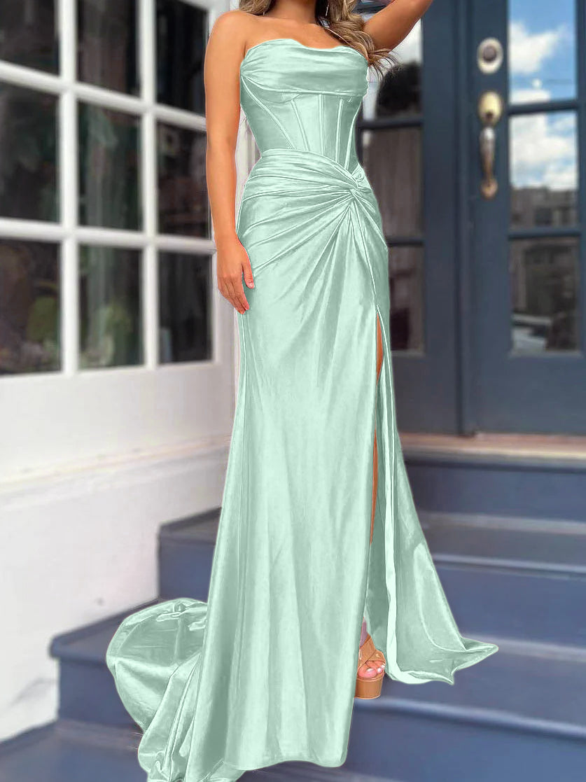 Sheath/Column Strapless Evening Dresses Sleeveless Floor-length With Split Side