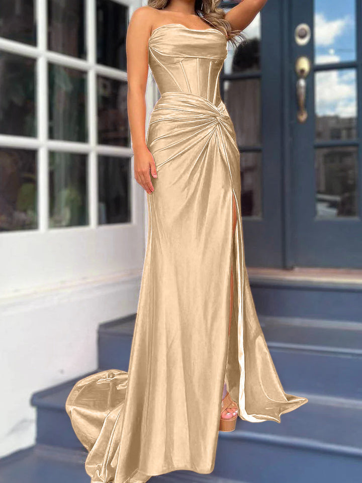 Sheath/Column Strapless Evening Dresses Sleeveless Floor-length With Split Side