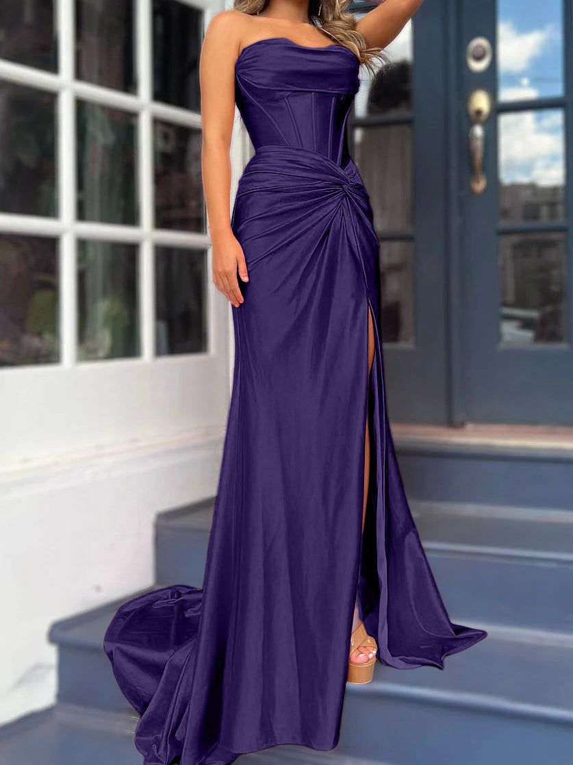 Sheath/Column Strapless Evening Dresses Sleeveless Floor-length With Split Side