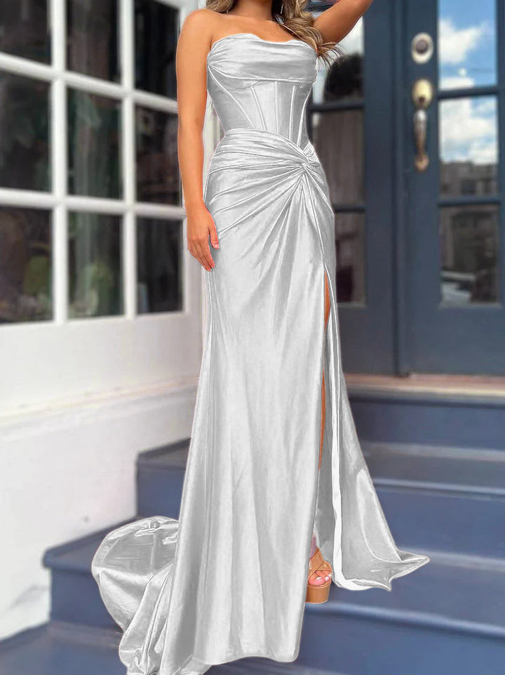 Sheath/Column Strapless Evening Dresses Sleeveless Floor-length With Split Side