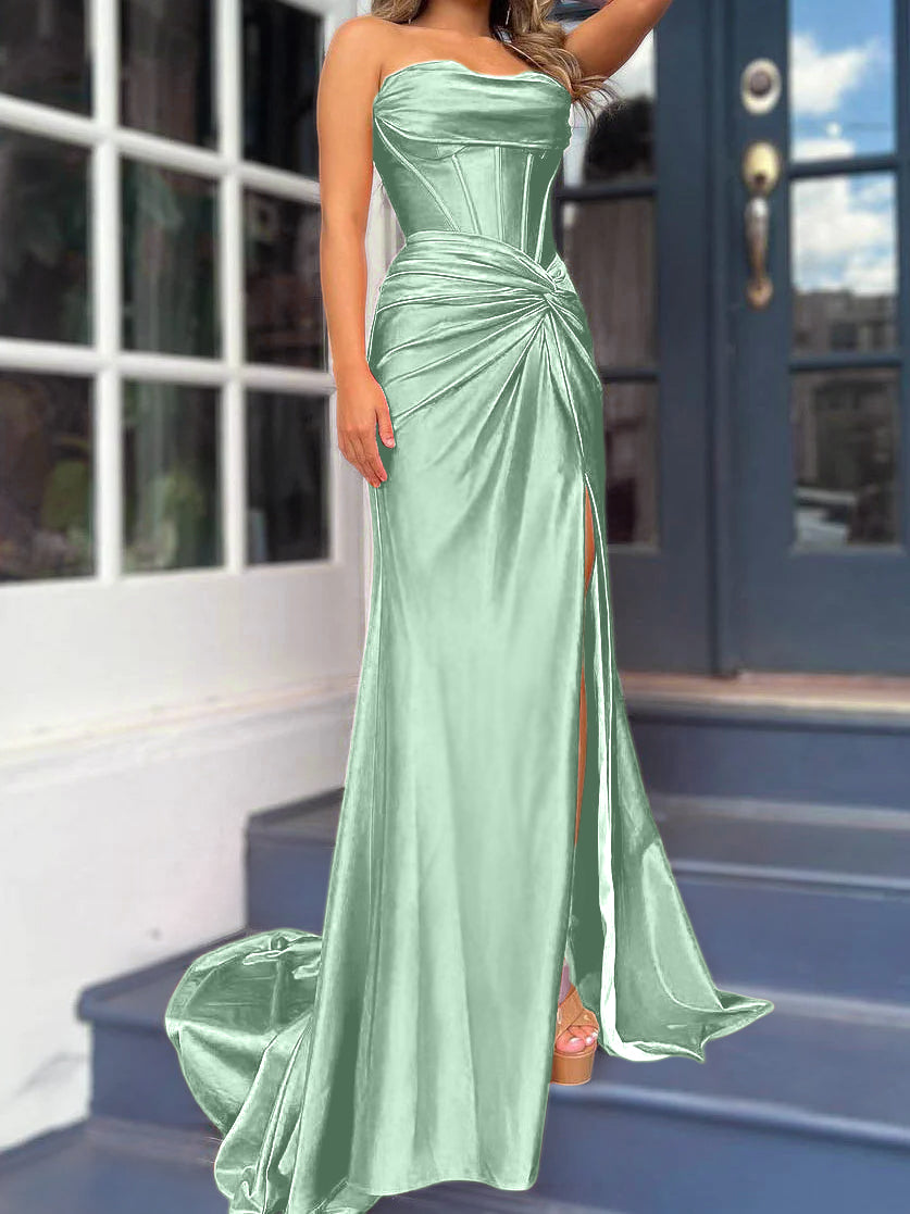 Sheath/Column Strapless Evening Dresses Sleeveless Floor-length With Split Side