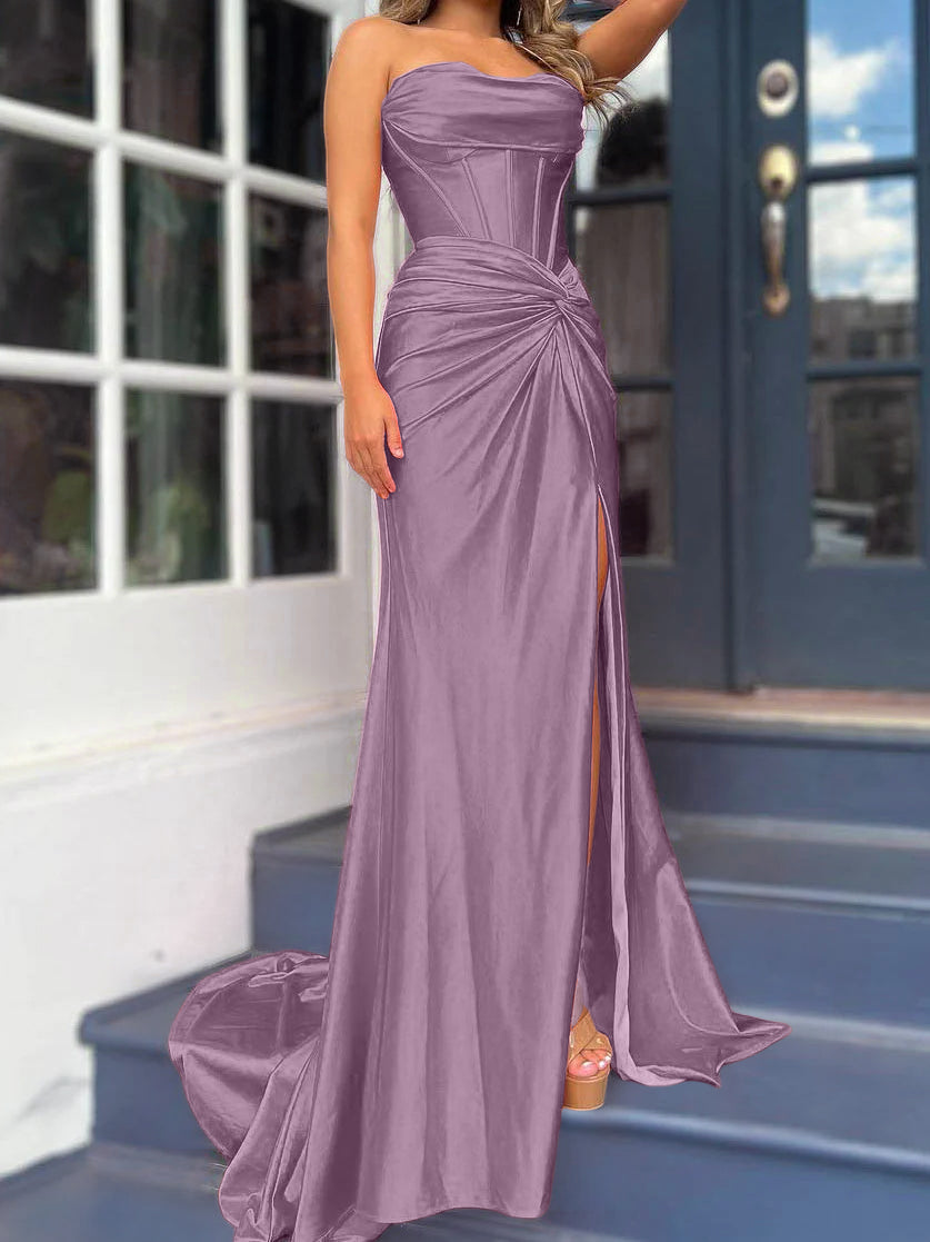 Sheath/Column Strapless Evening Dresses Sleeveless Floor-length With Split Side