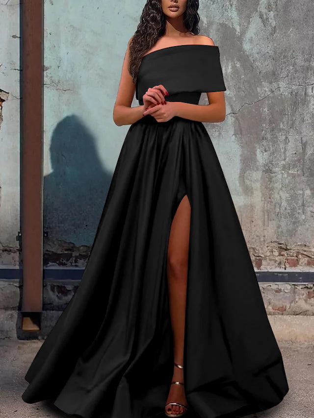 A-Line/Princess One-Shoulder Evening Dresses Satin Sleeveless Floor-length Prom With Split Side