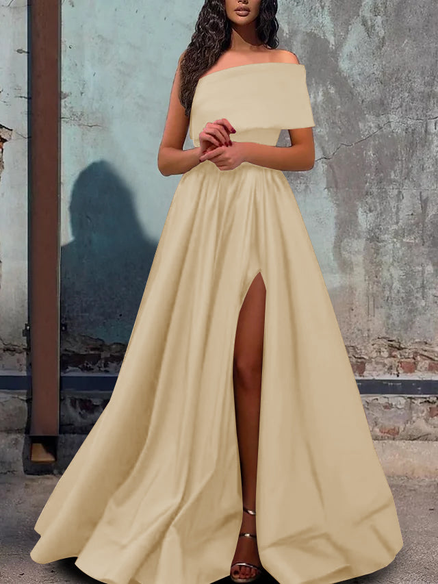 A-Line/Princess One-Shoulder Evening Dresses Satin Sleeveless Floor-length Prom With Split Side