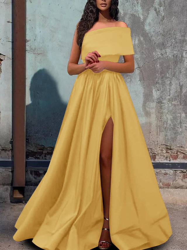 A-Line/Princess One-Shoulder Evening Dresses Satin Sleeveless Floor-length Prom With Split Side