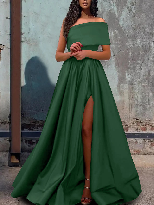 A-Line/Princess One-Shoulder Evening Dresses Satin Sleeveless Floor-length Prom With Split Side
