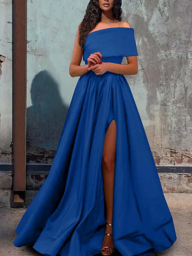 A-Line/Princess One-Shoulder Evening Dresses Satin Sleeveless Floor-length Prom With Split Side