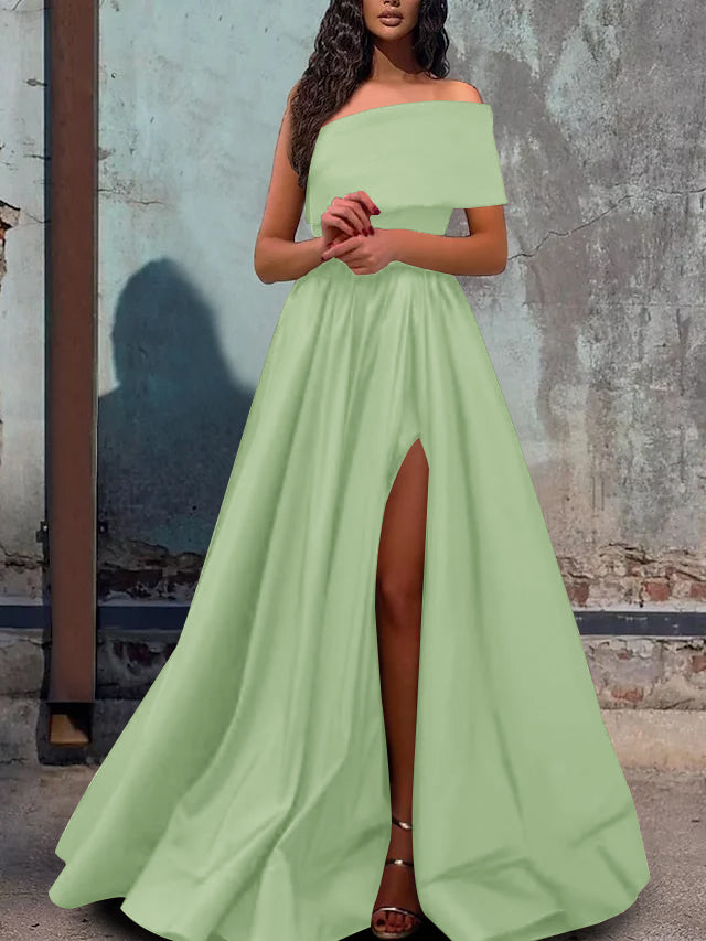 A-Line/Princess One-Shoulder Evening Dresses Satin Sleeveless Floor-length Prom With Split Side