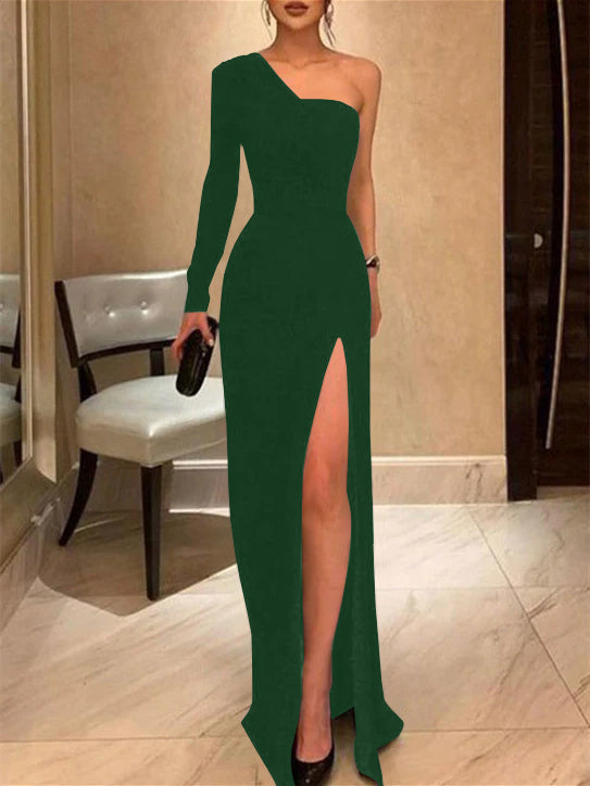 Sheath/Column One-Shoulder Evening Dresses Floor-length With Split Side