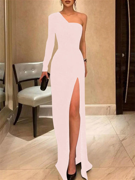 Sheath/Column One-Shoulder Evening Dresses Floor-length With Split Side