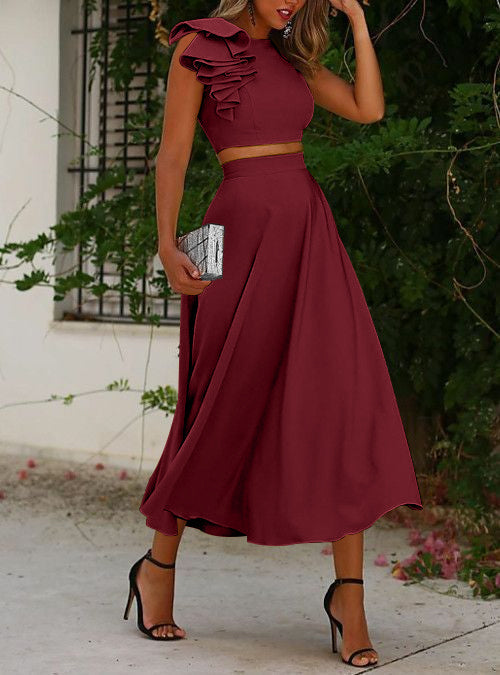 Two Piece A-Line Wedding Guest Cocktail Dresses Scoop Tea-Length Sleeves With Ruffles