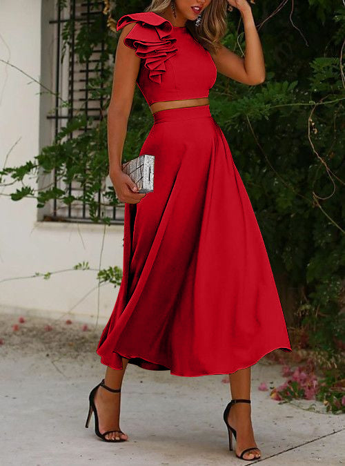 Two Piece A-Line Wedding Guest Cocktail Dresses Scoop Tea-Length Sleeves With Ruffles