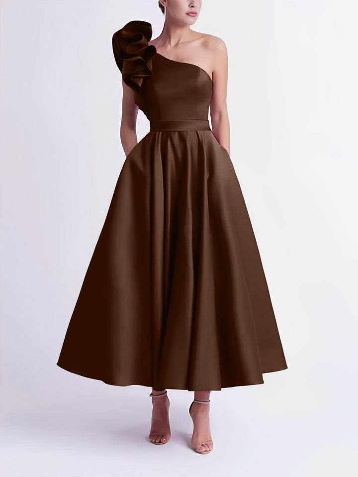 A-Line One-Shoulder Wedding Guest Cocktail Dresses Tea-Length  With Ruffles