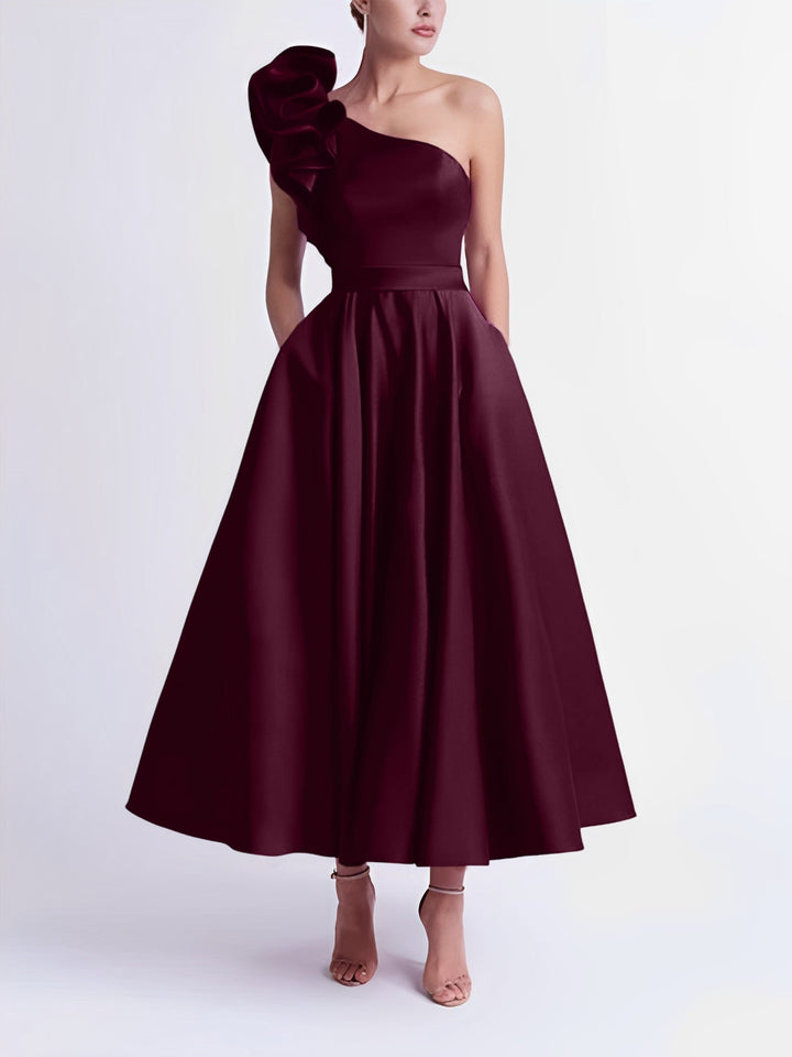 A-Line One-Shoulder Wedding Guest Cocktail Dresses Tea-Length  With Ruffles