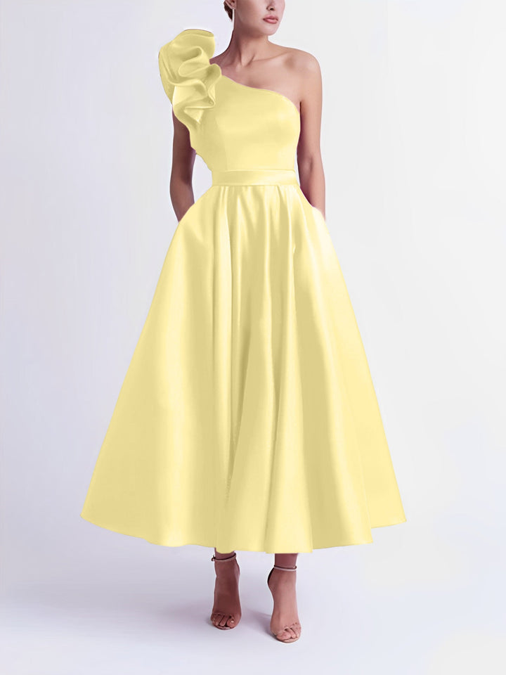 A-Line One-Shoulder Wedding Guest Cocktail Dresses Tea-Length  With Ruffles